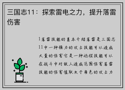三国志11：探索雷电之力，提升落雷伤害
